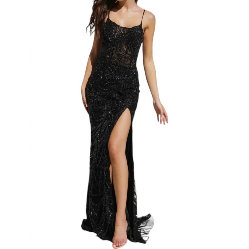 NEW PRIMAVERA scoop neck lace up back prom dress in black